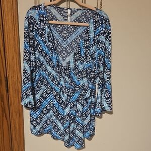 NY Collection Blue and Navy Chevron Print Wrap Tunic